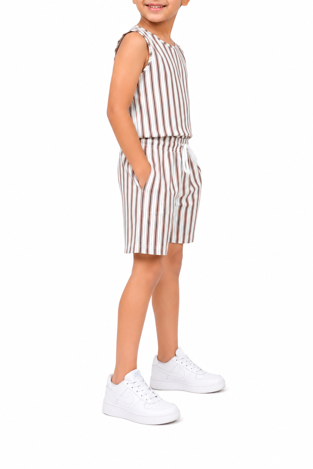 CHILINS Unisex Kids Beige Striped Sleeveless Top & Shorts Co-Ord Set
