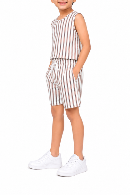 CHILINS Unisex Kids Beige Striped Sleeveless Top & Shorts Co-Ord Set