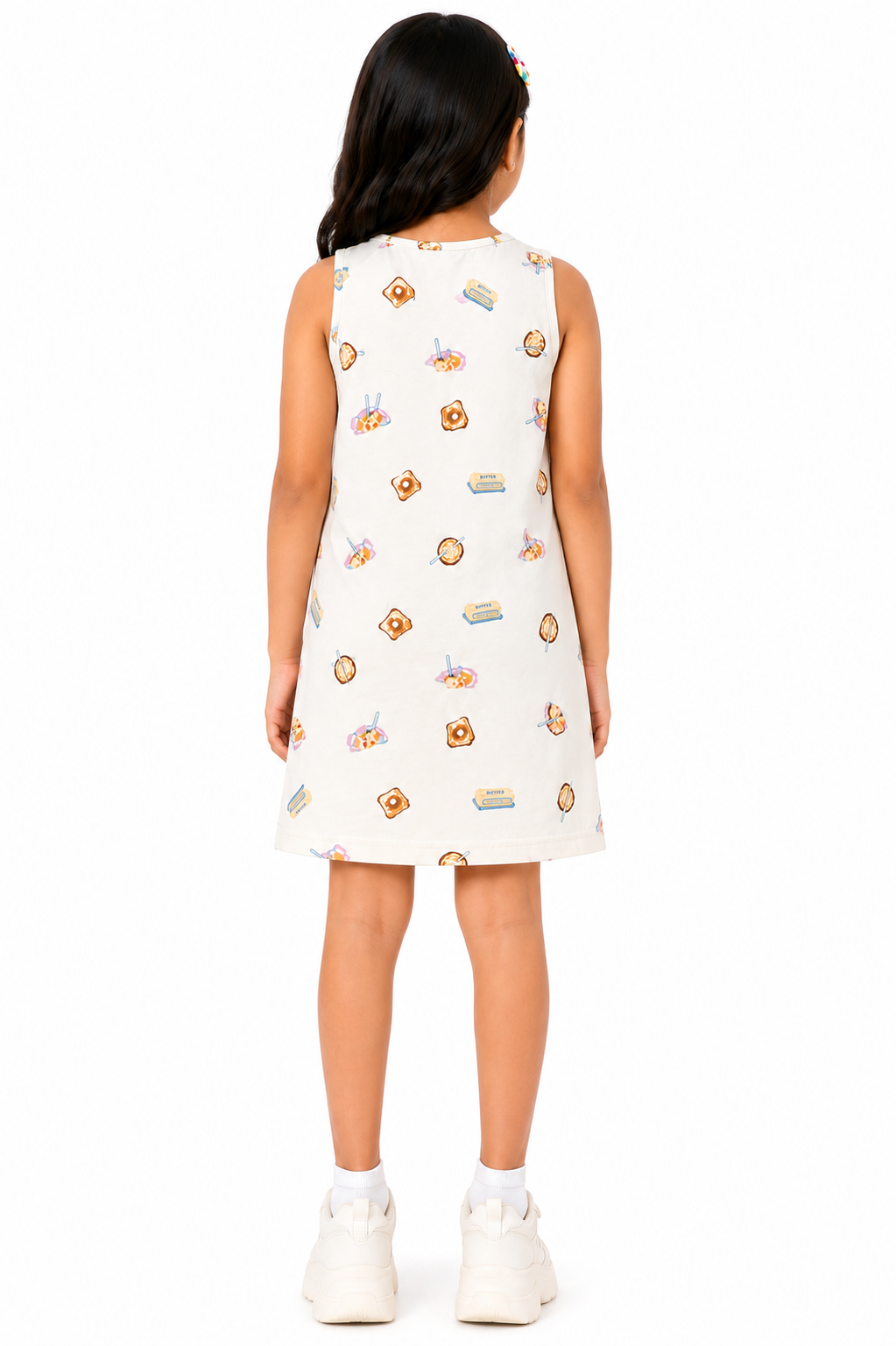 CHILINS Girls Beige Printed Sleeveless Dress | Cute Ice Cream Print A-Line Casual Dress