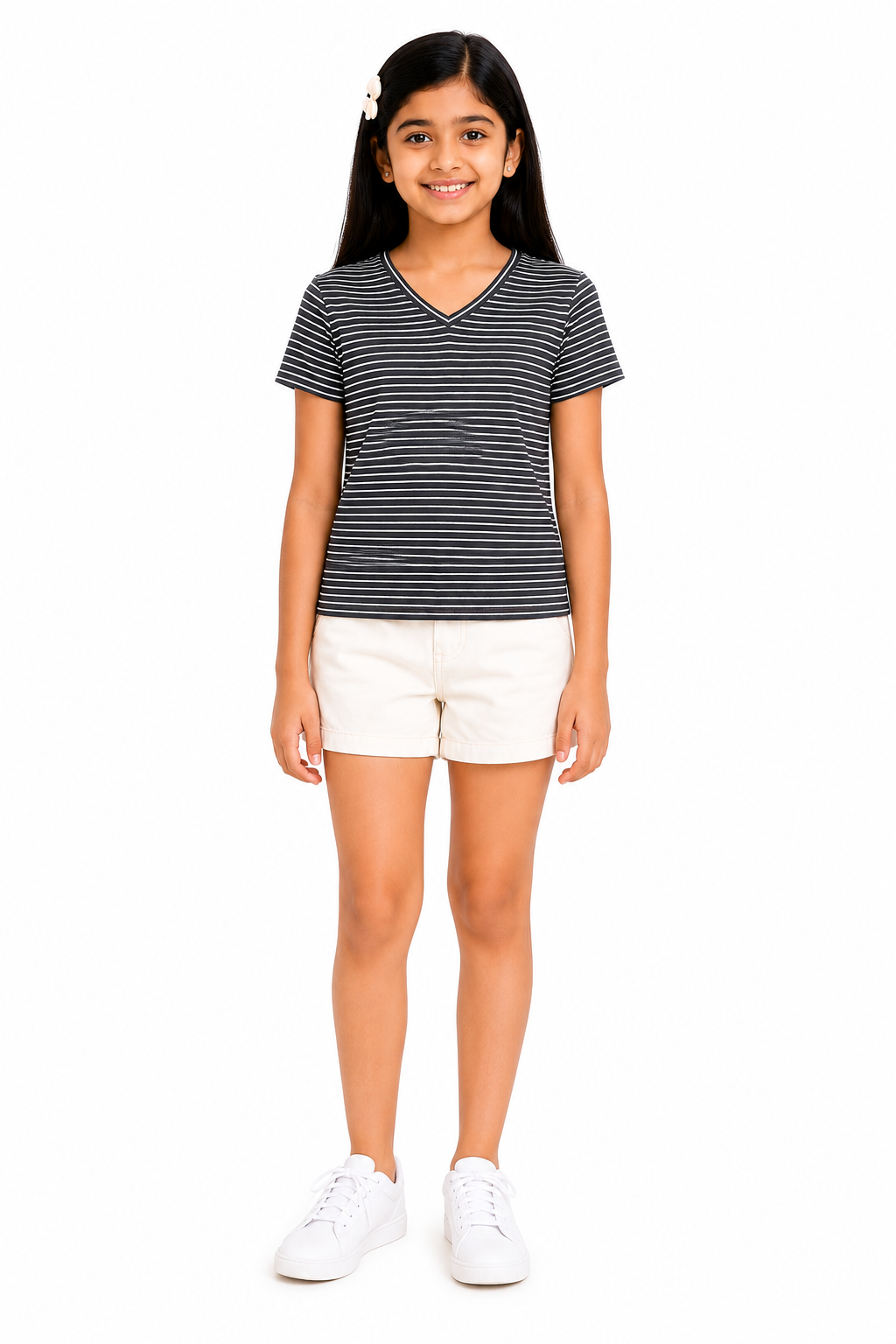 CHILINS Girls Black & White Striped V-Neck T-Shirt (Copy) (Copy)