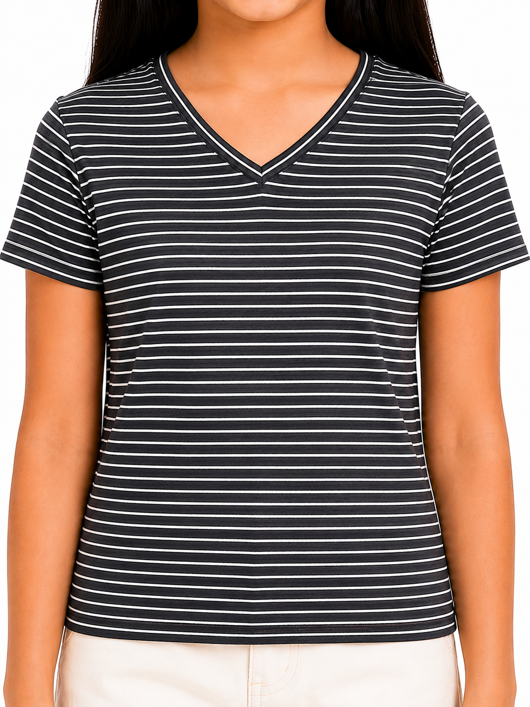 CHILINS Girls Black & White Striped V-Neck T-Shirt (Copy) (Copy)