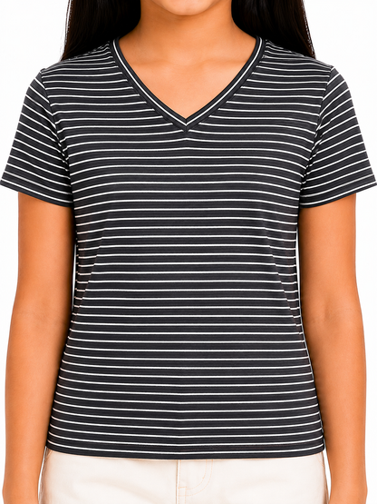 CHILINS Girls Black & White Striped V-Neck T-Shirt (Copy) (Copy)