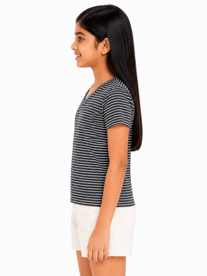 CHILINS Girls Black & White Striped V-Neck T-Shirt (Copy) (Copy)
