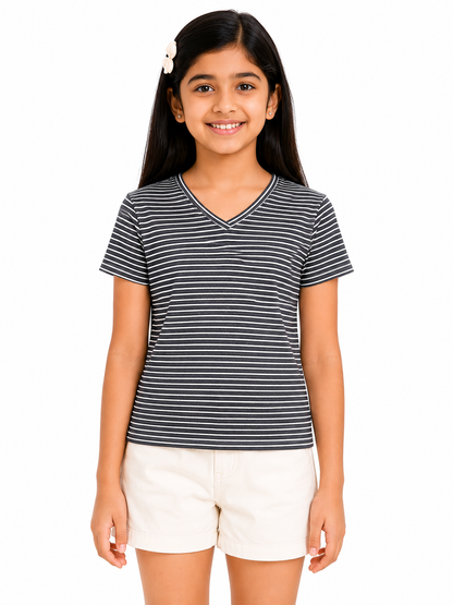 CHILINS Girls Black & White Striped V-Neck T-Shirt (Copy) (Copy)