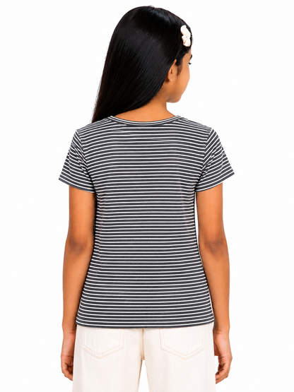 CHILINS Girls Black & White Striped V-Neck T-Shirt (Copy) (Copy)