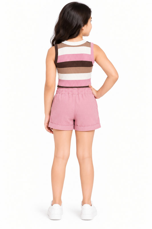 CHILINS Girls Multicolor Striped Crop Top | Sleeveless Round Neck Casual Top