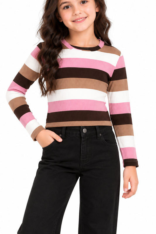 CHILINS Girls Multicolor Striped Full Sleeve Top | Round Neck Casual Top