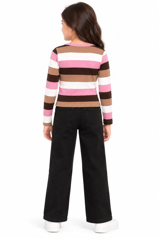 CHILINS Girls Multicolor Striped Full Sleeve Top | Round Neck Casual Top
