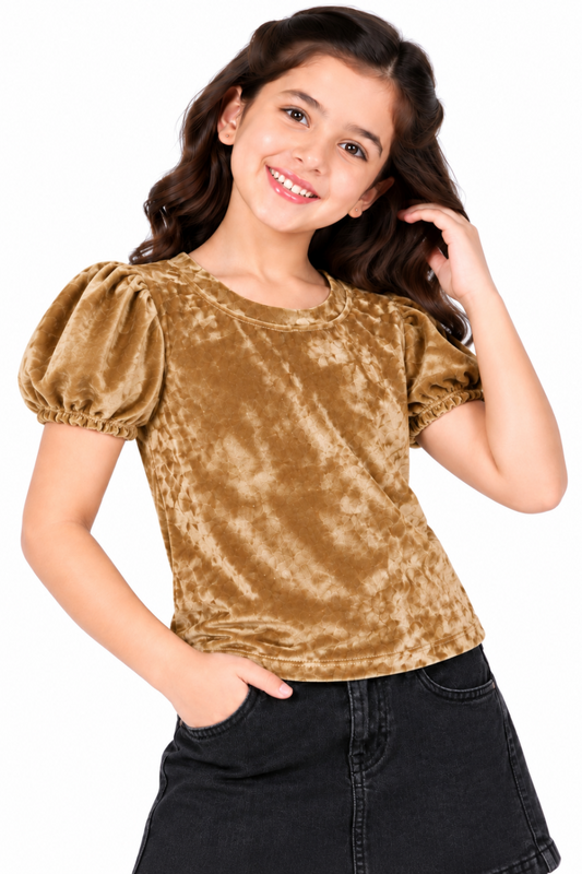 CHILINS Girls Gold Velvet Top | Puff Sleeve Casual Top