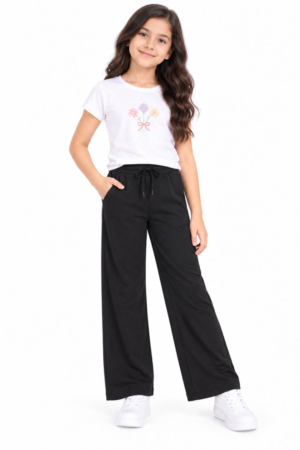 CHILINS Girls Black Wide Leg Palazzo Pants | Elasticated Drawstring Waist | Side Pockets | Full Length | Regular Fit