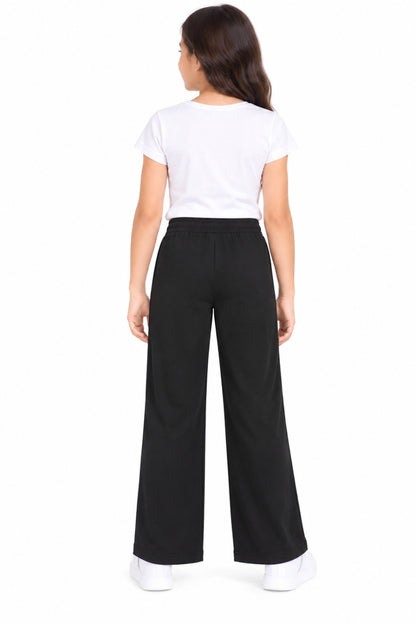 CHILINS Girls Black Wide Leg Palazzo Pants | Elasticated Drawstring Waist | Side Pockets | Full Length | Regular Fit