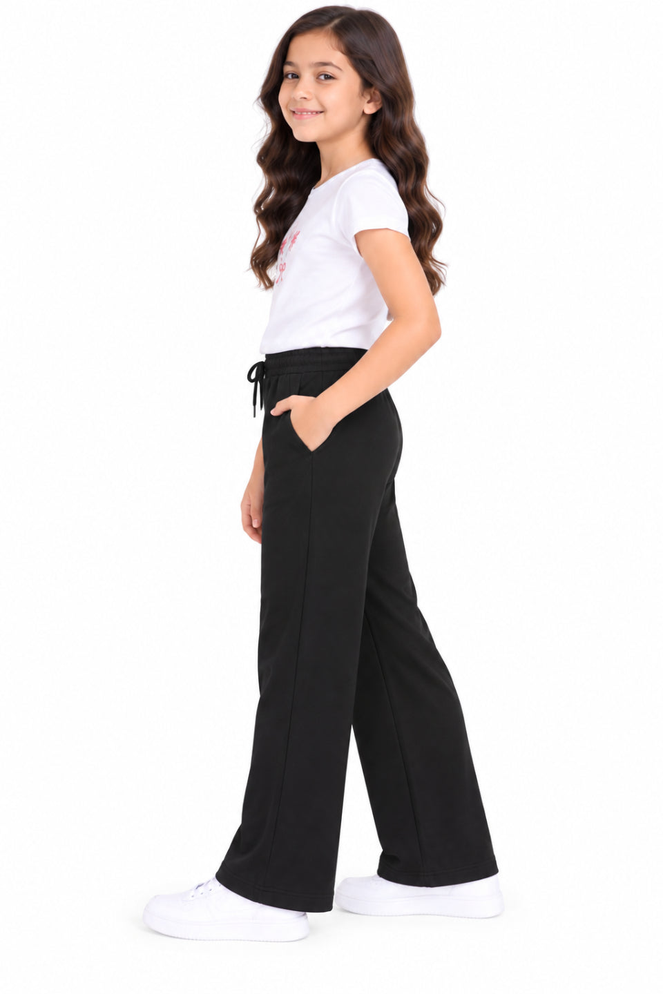 CHILINS Girls Black Wide Leg Palazzo Pants | Elasticated Drawstring Waist | Side Pockets | Full Length | Regular Fit