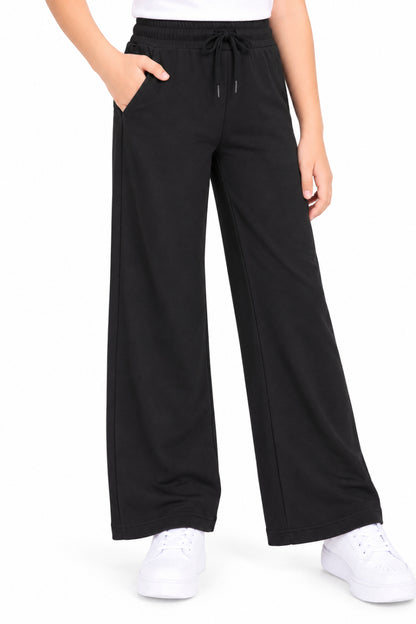 CHILINS Girls Black Wide Leg Palazzo Pants | Elasticated Drawstring Waist | Side Pockets | Full Length | Regular Fit