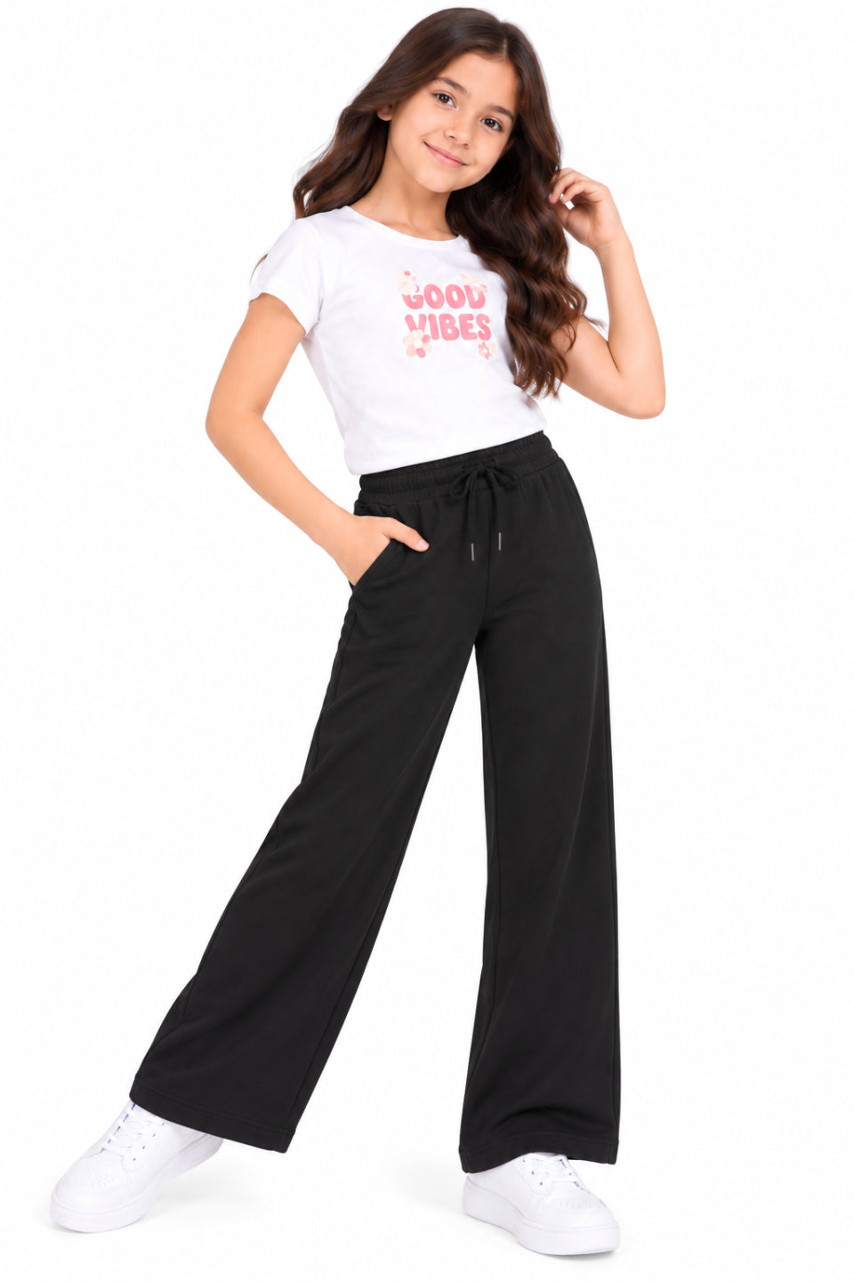 CHILINS Girls Black Wide Leg Palazzo Pants | Elasticated Drawstring Waist | Side Pockets | Full Length | Regular Fit