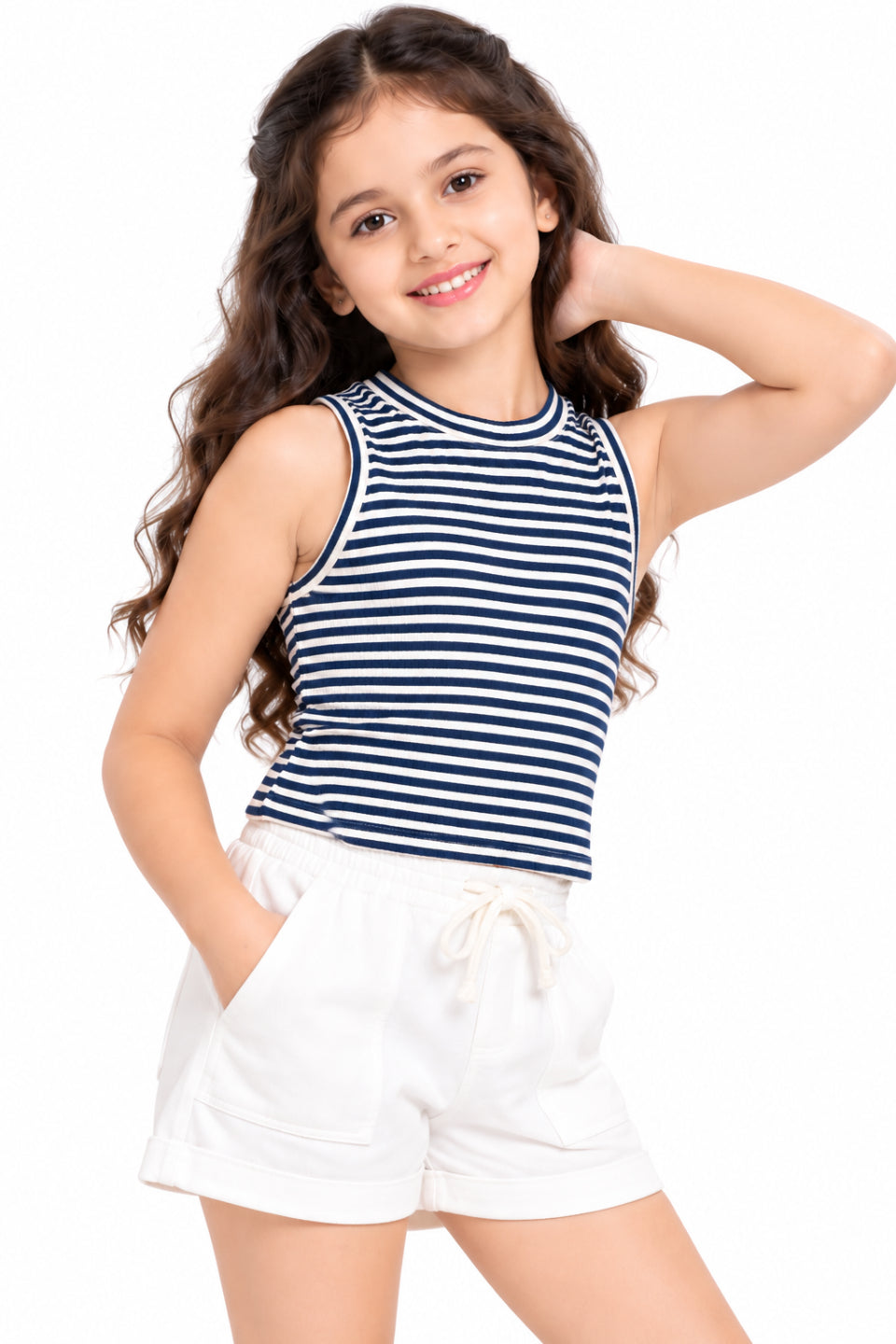 CHILINS Girls Navy Blue & White Striped Crop Top | Sleeveless High Neck Casual Top