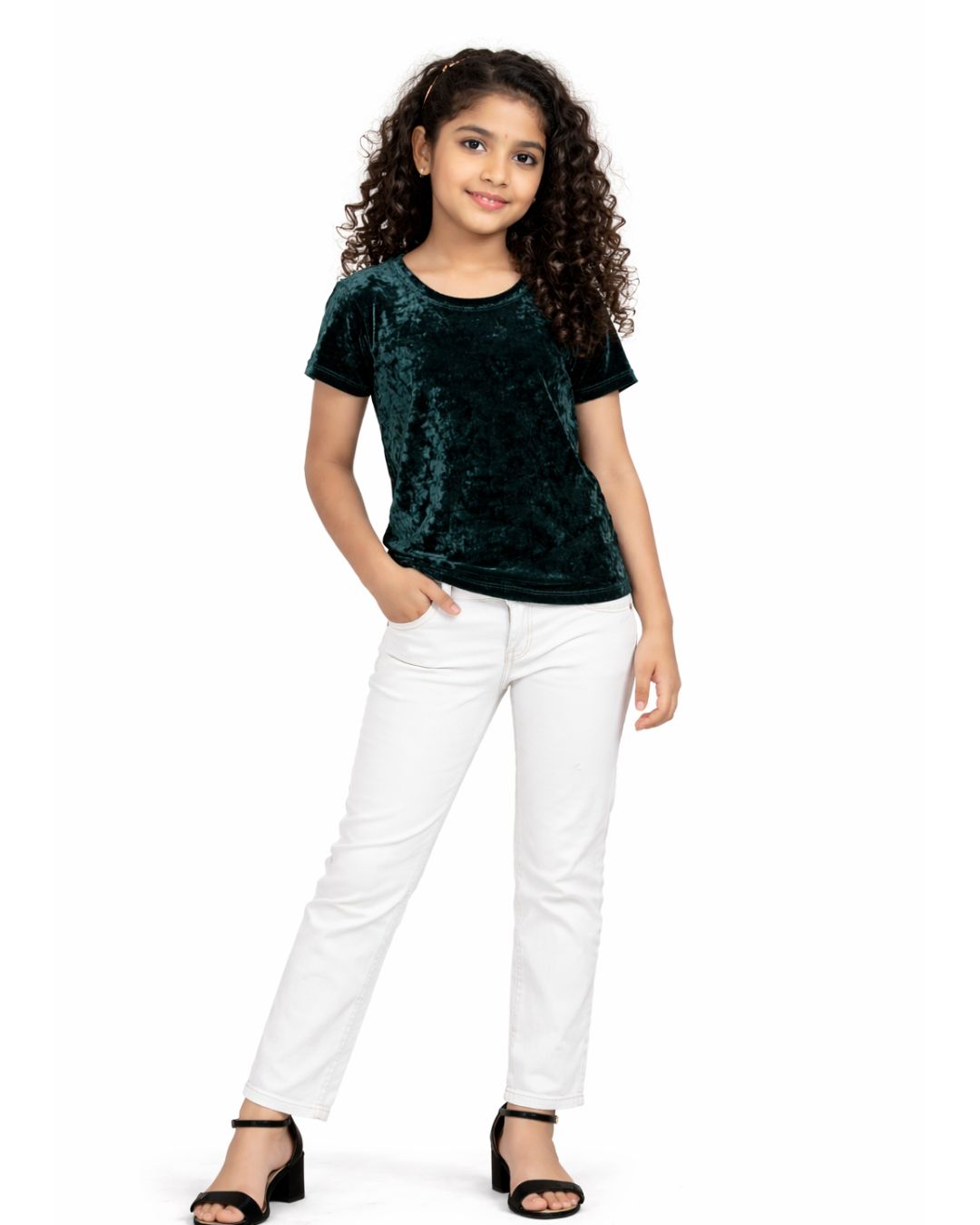 CHILINS Girls Velvet Top | Dark Green Short Sleeve Party Wear Top