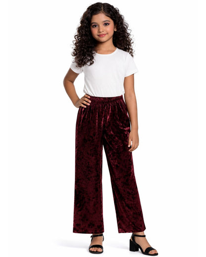 CHILINS Girls Velvet Pants | Maroon Straight Fit Party Wear Pants