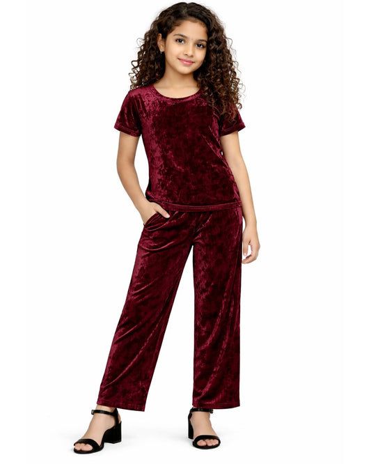 CHILINS Girls Velvet Co-Ord Set | Maroon Top & Pants Set for Kids