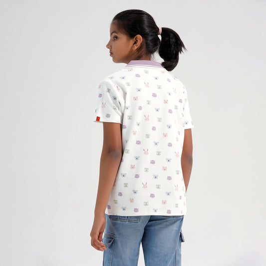 Girls Cotton Printed Collared Polo T-shirt