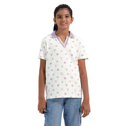 Girls Cotton Printed Collared Polo T-shirt