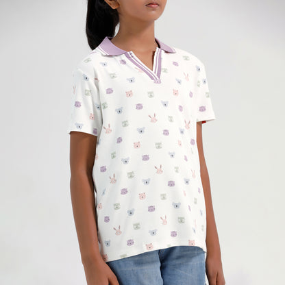 Girls Cotton Printed Collared Polo T-shirt
