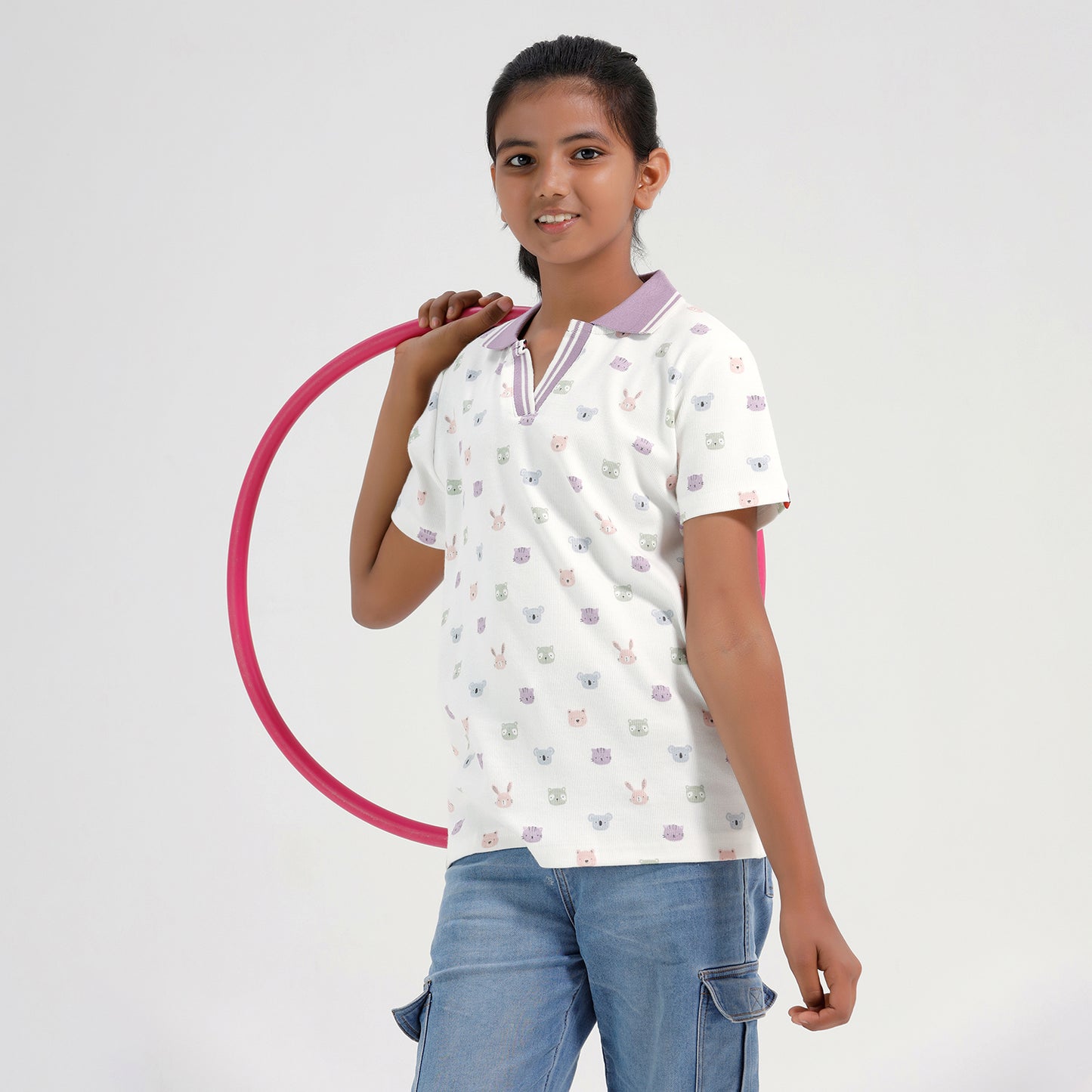 Girls Cotton Printed Collared Polo T-shirt