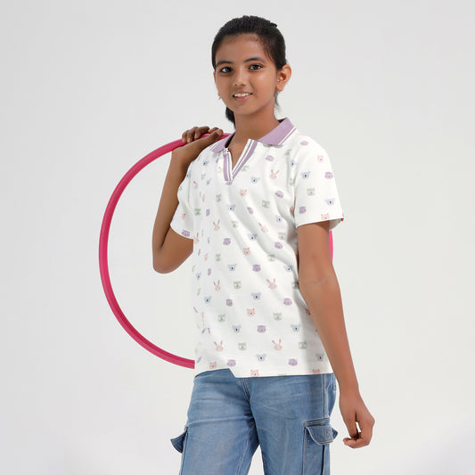 Girls Cotton Printed Collared Polo T-shirt