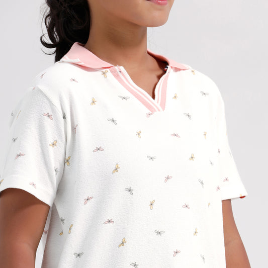 Girls Cotton Printed Collared Polo T-shirt