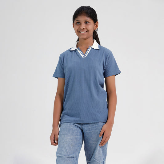 Girls Cotton Solid Collared Polo T-shirt