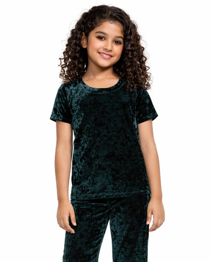 CHILINS Girls Velvet Co-Ord Set | Dark Green Top & Pants Set for Kids