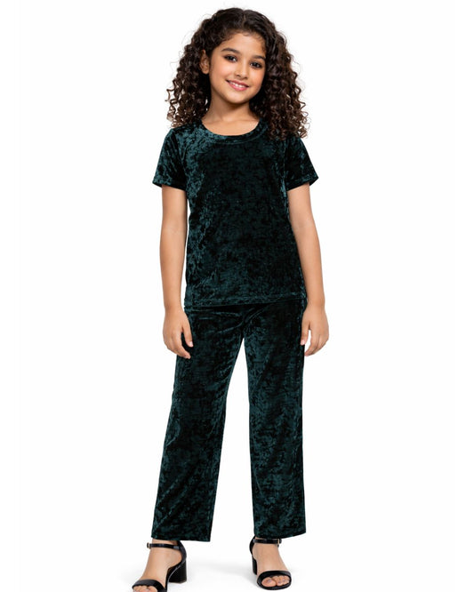 CHILINS Girls Velvet Co-Ord Set | Dark Green Top & Pants Set for Kids