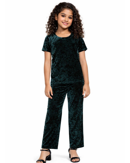 CHILINS Girls Velvet Pants | Dark Green Straight Fit Party Wear Pants