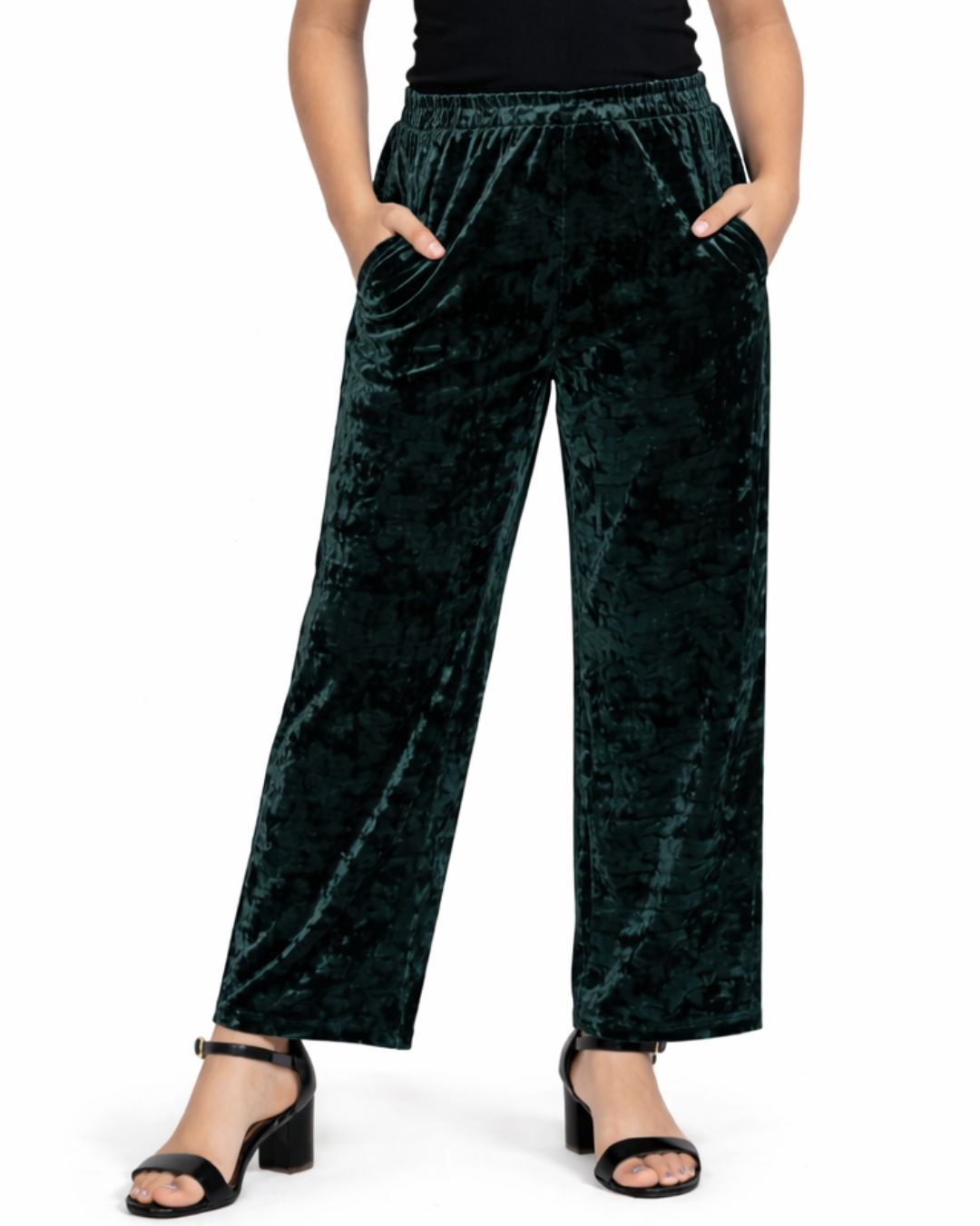 CHILINS Girls Velvet Co-Ord Set | Dark Green Top & Pants Set for Kids