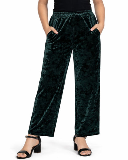 CHILINS Girls Velvet Pants | Dark Green Straight Fit Party Wear Pants