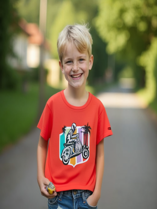 Round Neck Printed Super Combed Cotton T-shirt, Color- Orange