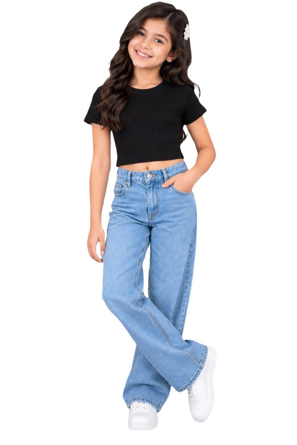 CHILINS Girls Black Ribbed Round Neck Short Sleeve Top