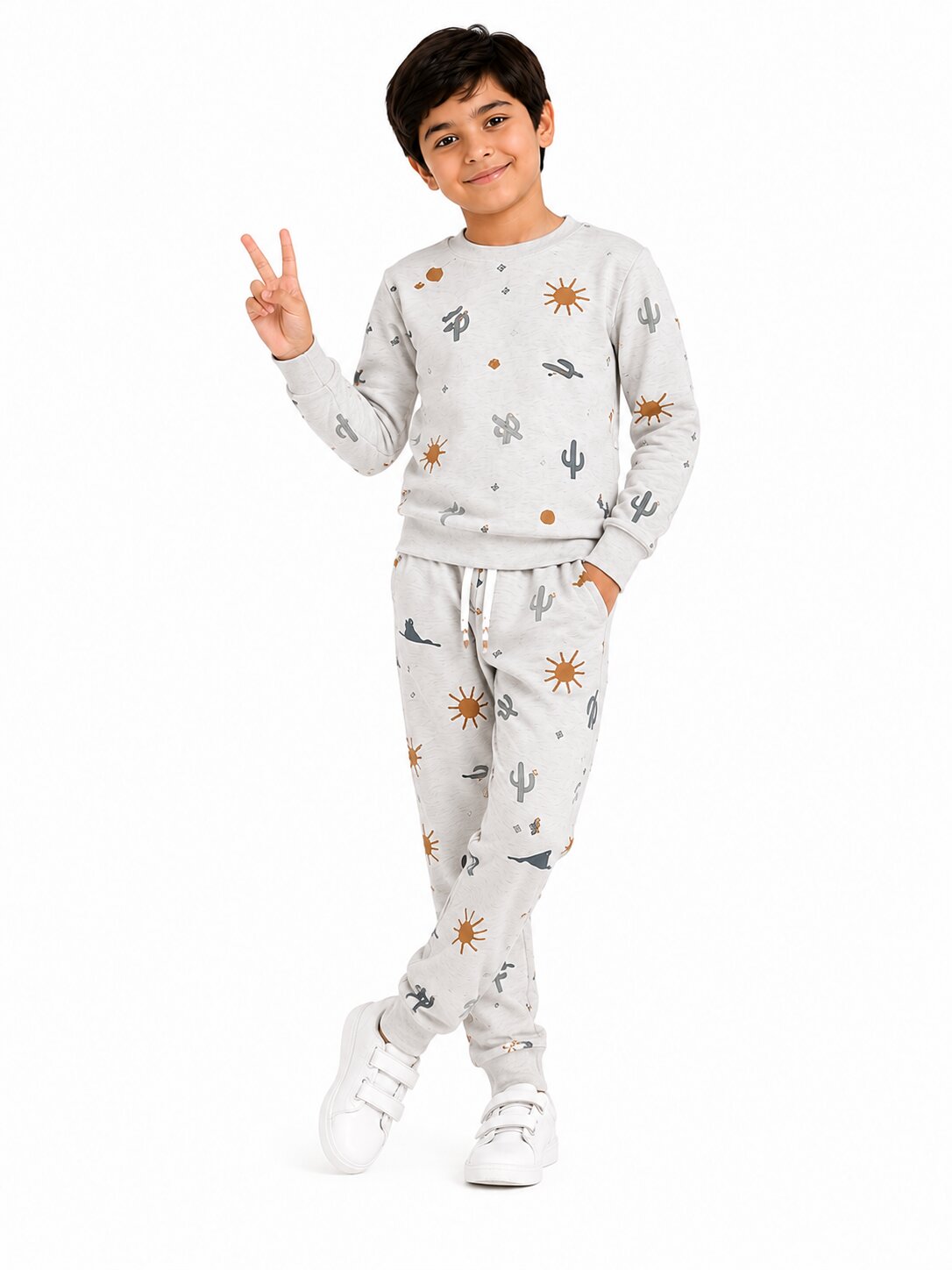 CHILINS Boys & Girls Off White Printed Co-Ord Set